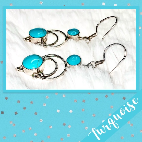 Turquoise Sterling Silver Dangle Earrings, HOB Mexico 925 (Turquoise Blue) - Picture 3 of 7